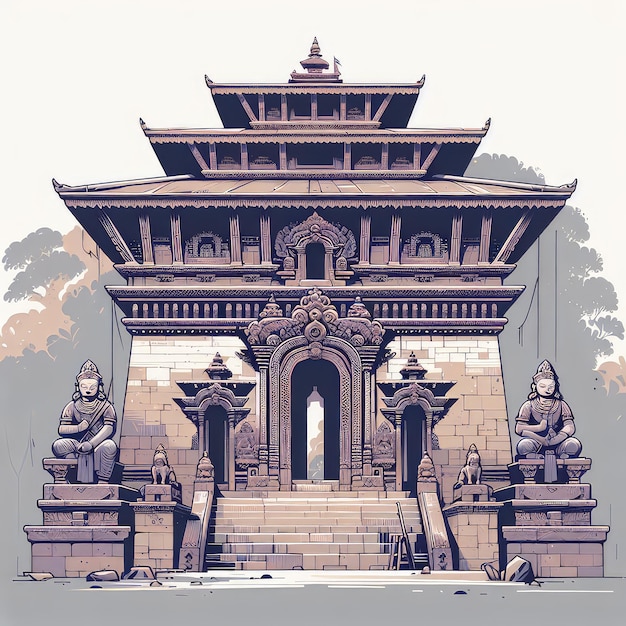 A closeup depiction of a weathered stone entrance gate to a Nepali temple adorned with intricate