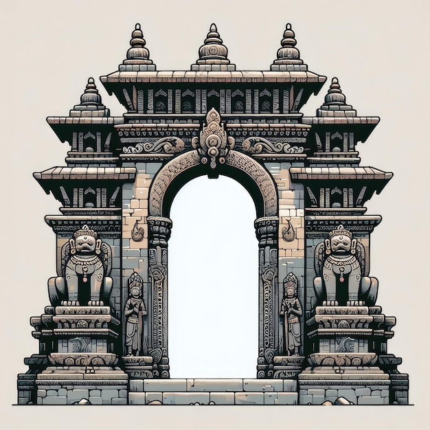 A closeup depiction of a weathered stone entrance gate to a Nepali temple adorned with intricate