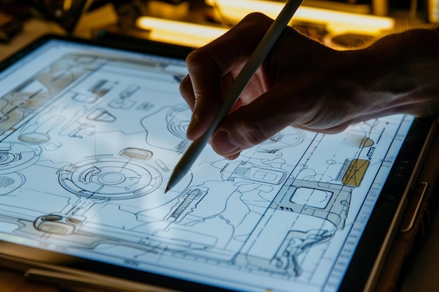 Photo a closeup of a designers hand sketching a new gadget with a stylus on a digital pad