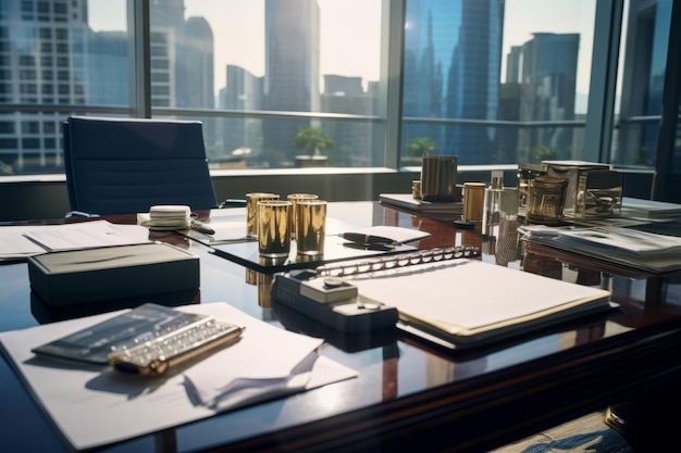 Closeup of desk in modern office A lot of papers closed and open folders with documents stationery on large office table Bookshelves and panoramic windows overlooking the city in the background