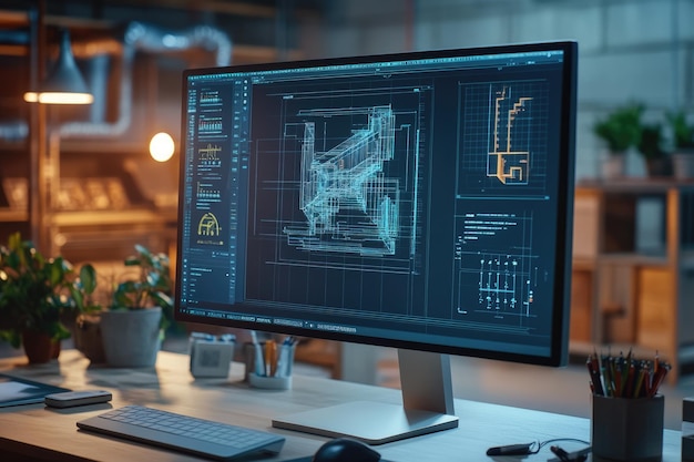 Photo closeup of a desktop computer with architectural blueprints displayed