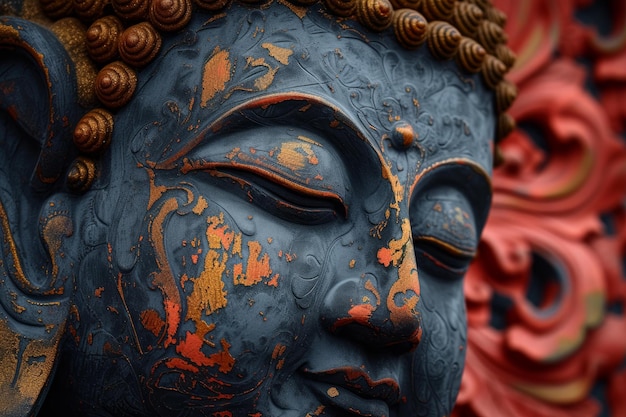 Closeup detail of an ancient buddhist statue with intricate patterns showcasing cultural art