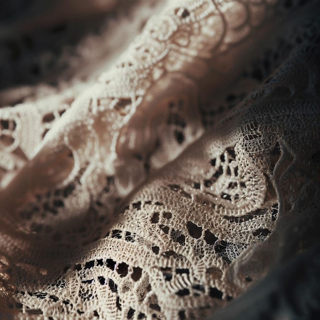 Closeup detail of beige lace fabric texture background studio shot