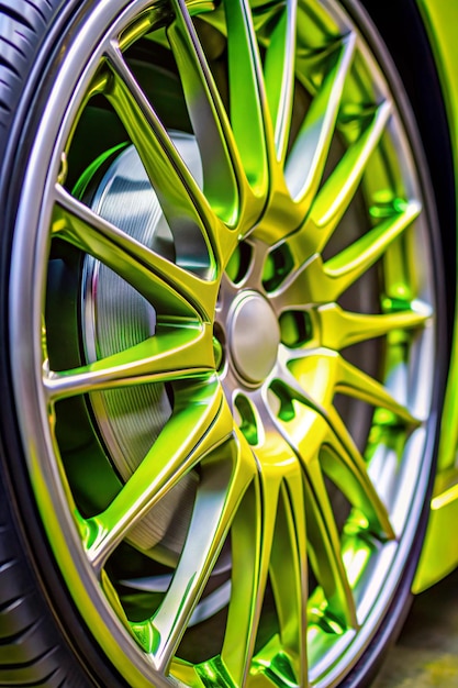 Photo closeup detail of car part wheels modern luxury car yellow lime green neon greenwheel on a light alloy disc traveling and vehicles concept