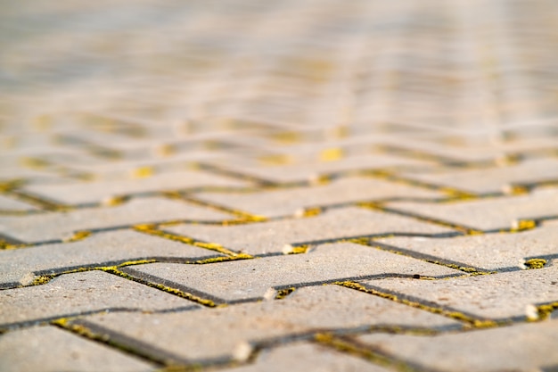 Photo closeup detail of gray concrete yard pavement slabs.