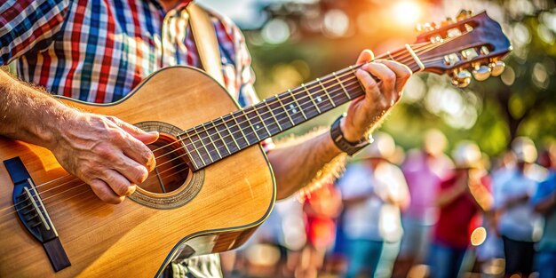 Closeup Detail of Hand Playing Folk Guitar at Outdoor Summer Festival