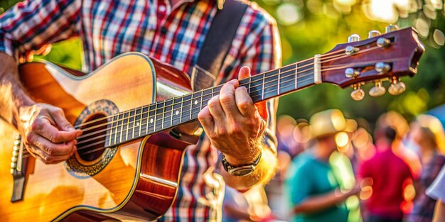 Closeup Detail of Hand Playing Folk Guitar at Outdoor Summer Festival