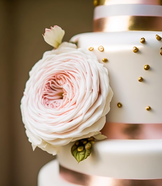 Closeup detail of a luxury wedding cake exclusive highend design beautifully decorated professional premium cake as main dessert for exquisite wedding celebration Generative Ai