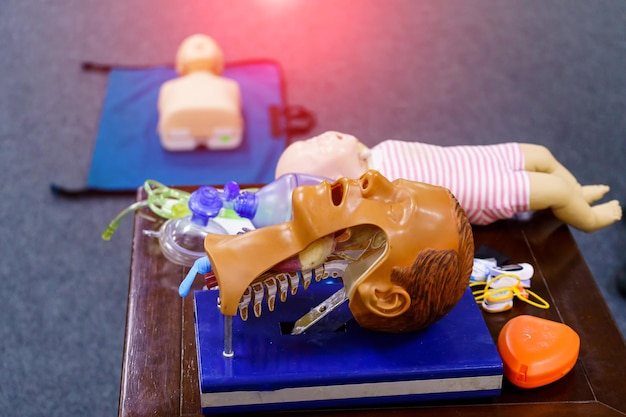 Closeup detail of a medical simulation mannequin head used for practicing anesthetic techniques. Healthcare and education.