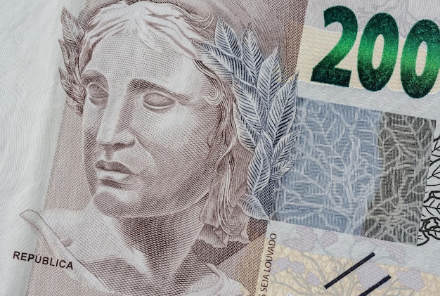 Closeup detail of a two hundred brazilian real bill