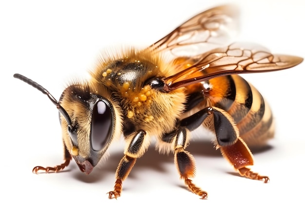 Closeup detail view of bee or honeybee isolated on white background golden honeybee Generative Ai