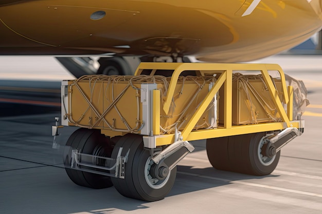 Closeup detail view of cargo cart trolley full with commercial parcels against turboprop cargo plane Air mail shipping and logistics Import export operations Commercial charter flight service