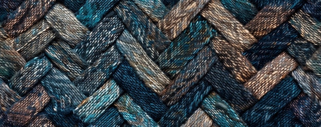 Photo closeup of a detailed herringbone woven fabric in blue and brown tones showing intricate texture and