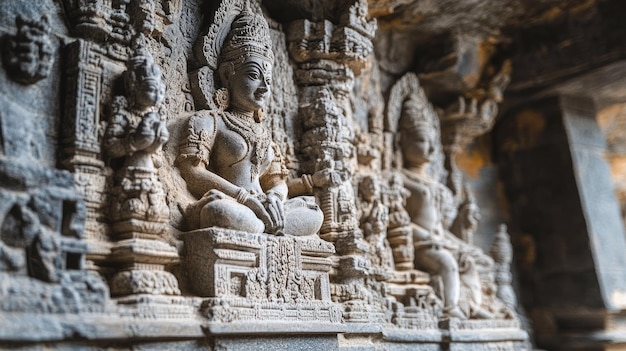 A closeup of the detailed stone reliefs on the walls of an ancient Indian cave temple