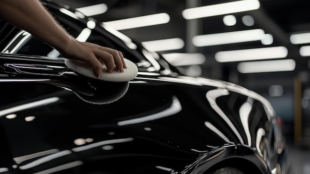 Photo a closeup of a detailers hand applying a paint coating with a soft pad on a sleek black car