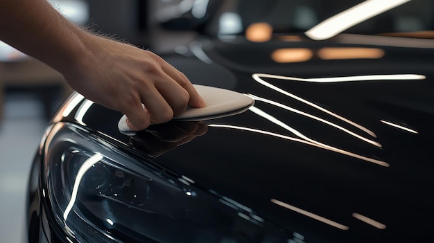 Photo a closeup of a detailers hand applying a paint coating with a soft pad on a sleek black car