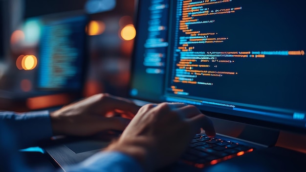 Photo closeup of a developer39s hands coding on a desktop with multiple screens displaying code the image emphasizes multitasking and software development in a tech workspace