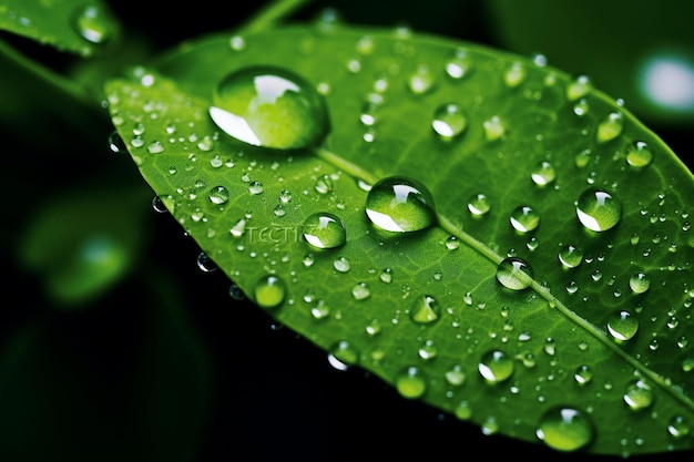 Photo a closeup of dew drops on a green leaf