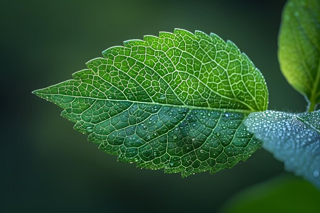 CloseUp of DewCovered Green Leaf with Intricate Veins