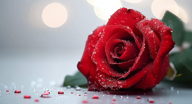 Closeup of a dewcovered red rose lying on a wet surface with a blurred blue background