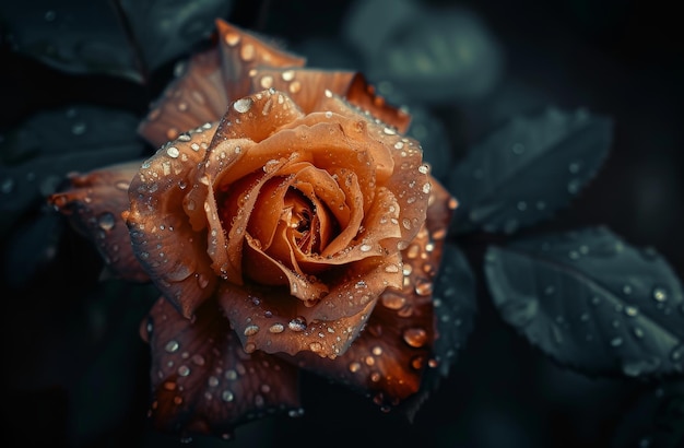 Closeup of a dewcovered rose in moody lighting