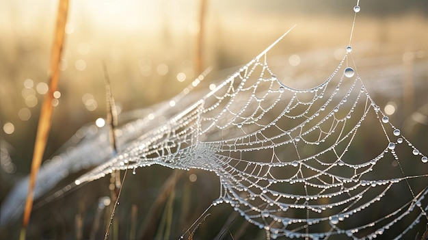 Closeup of dewcovered spider silk in a meadow