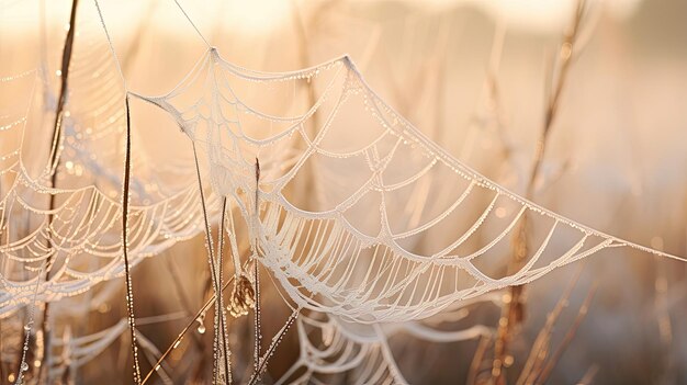 Closeup of dewcovered spider silk in a meadow