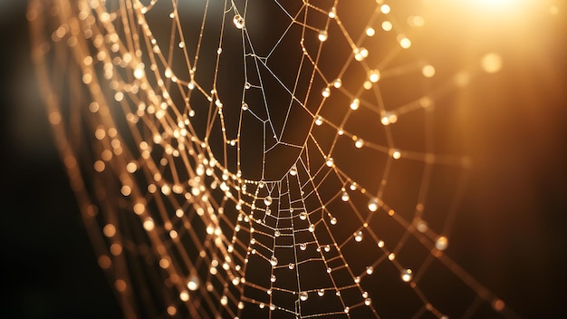 Photo a closeup of dewdrops on a spider web glistening in the morning light