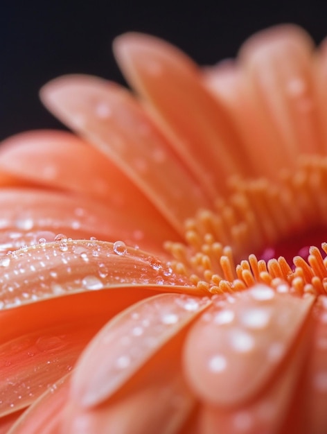 Photo closeup of dewy orange gerbera daisy flower with water drops