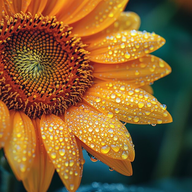 Photo closeup of a dewy sunflower in bright daylight captured from a low angle