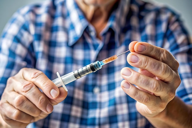 Photo a closeup of a diabetic patients hand administering insulin with a syringe