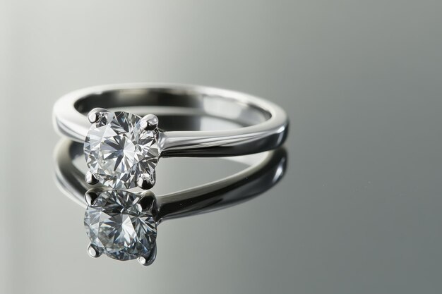 Photo a closeup of a diamond engagement ring reflecting on a smooth surface