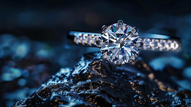 Closeup of a diamond engagement ring with a sparkling diamond center stone