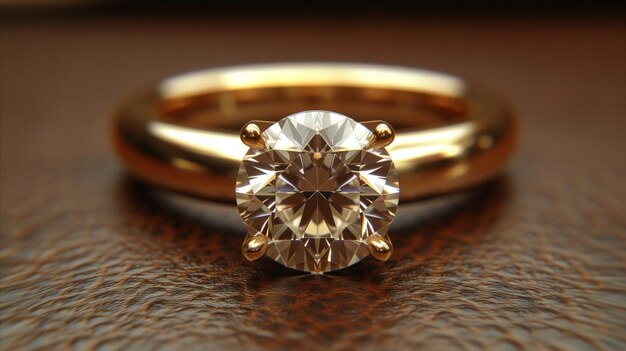 CloseUp of Diamond Engagement Ring on Wooden Surface