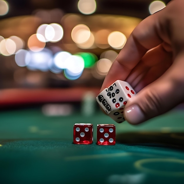 Closeup of dice rolling on a green felt table with a blurred background of casino lights