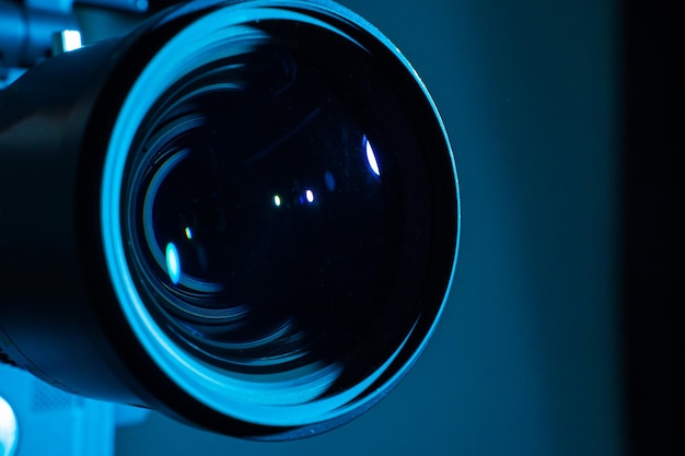 Closeup of a digital camera lens with dark light Copy space for text