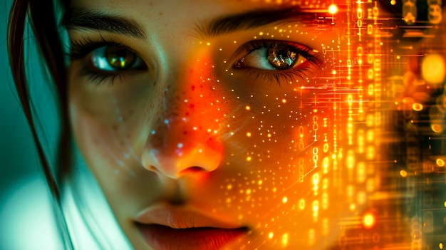 Closeup of a digital female face in cyberspace Copy space