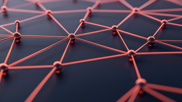 Photo closeup of a digital network structure with red lines and spheres representing connectivity and technology in modern design