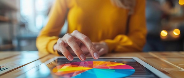 Closeup of a digital pie chart on a tablet with team members interacting in the background