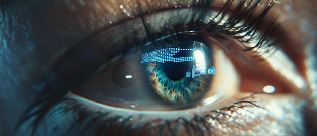 A closeup of a digital reflection in a human eye symbolizing the intersection of technology and vision