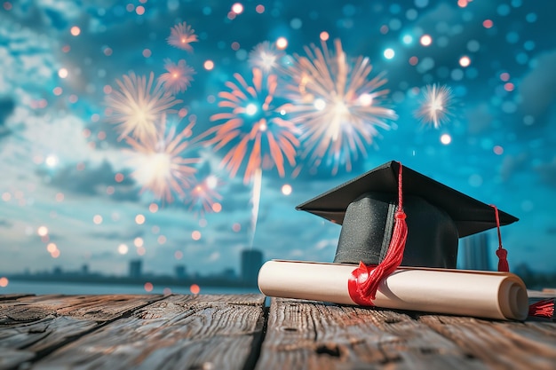 Photo a closeup of a diploma scroll with graduation hat on a wooden surface with a celebration type fireworks in background and space for text generative ai