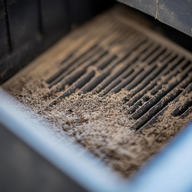 A closeup of a dirty air filter with dust and debris