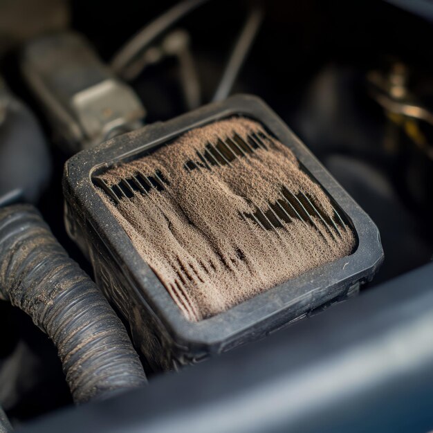 Closeup of a dirty and dusty car air filter