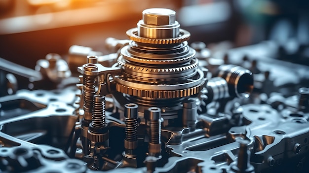 Closeup disassembled car automatic transmission gear part on workbench at garage or repair factory station for fix service or maintenance Vehicle part detail Complex industrial mechanism background