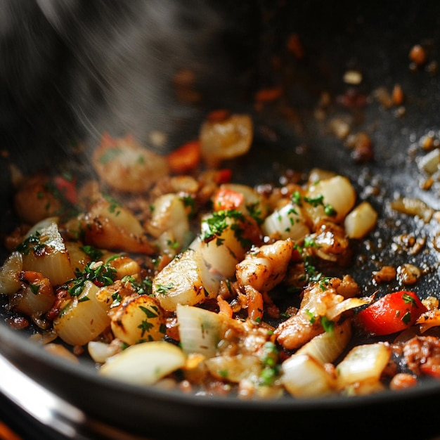 Photo a closeup of a dish being sauted in a pan with aromatic ingredients