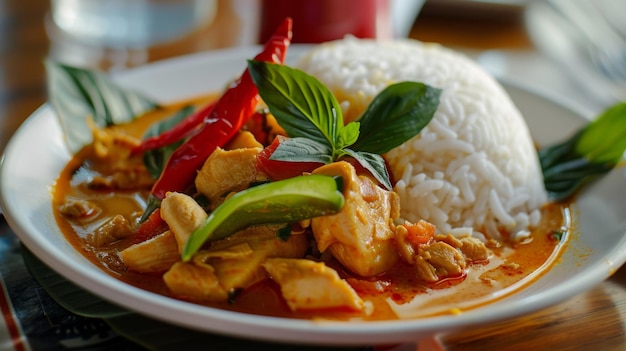 A closeup of a dish of Thai red curry with chicken served with a side of steamed jasmine rice