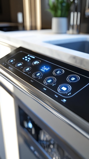 Photo closeup of dishwasher control panel showcasing settings