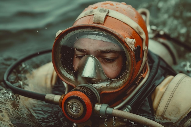 CloseUp of a Divers Eyes Underwater with Floating Bubbles