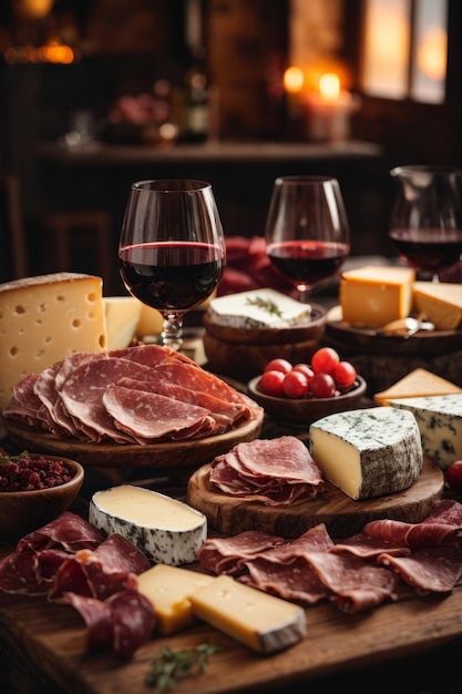 A closeup of a diverse assortment of cheeses pieces of roast beef and meat grapes and a glass of red wine on the table Gourmet food own production of agricultural products concept