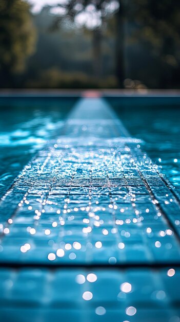 Closeup of divingboard and swimming pool background defocused